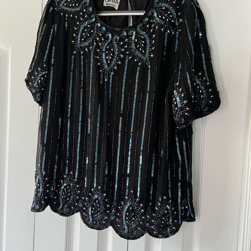 Vintage Sarin New York Silk Black Beaded Top Size Medium